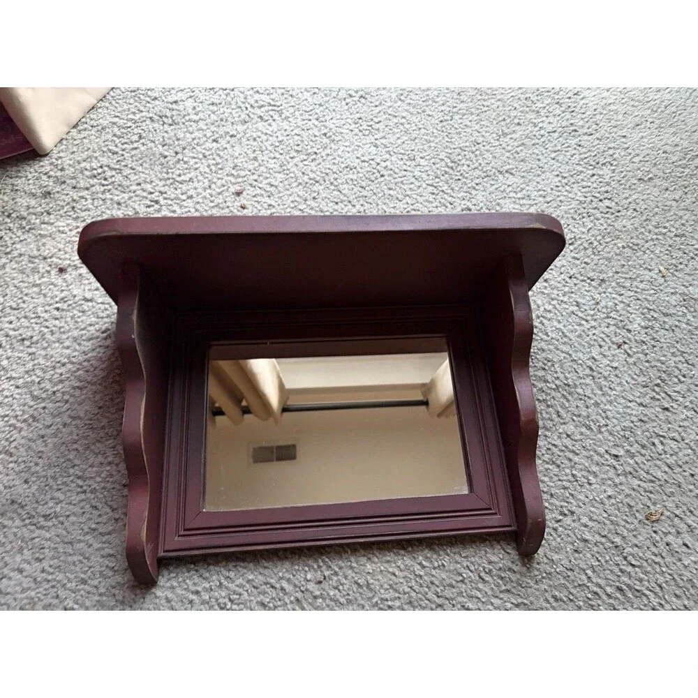 Wooden Wall Shelf W/ Mirror Cottage Core Country Burgundy